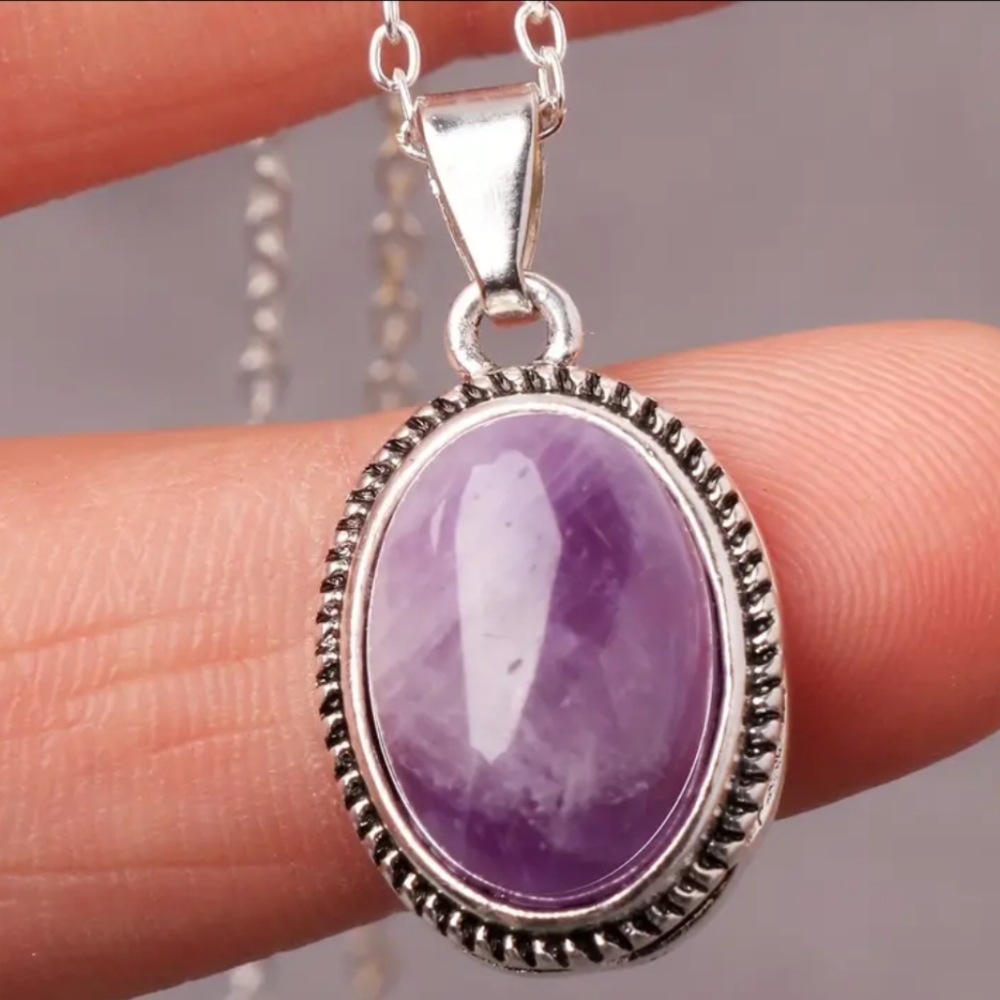 .925 Sterling Silver Bezel Set Oval Natural Amythest Pendant